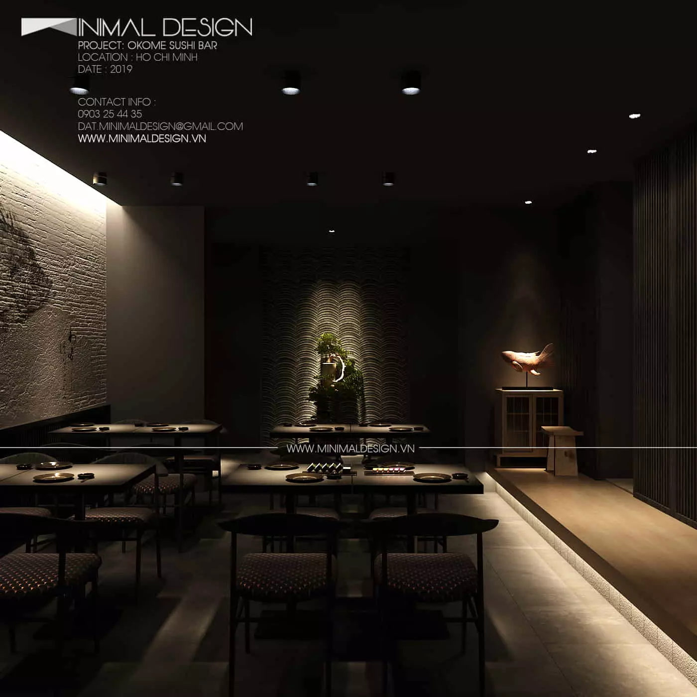 thiết kế nội thất nhà hàng Okome Sushi Bar dựa trên chủ đề đặt ra là gạo, nên những thiết kế nội thất đều lấy tone màu thiên nhiên của lúa non, đất và đá