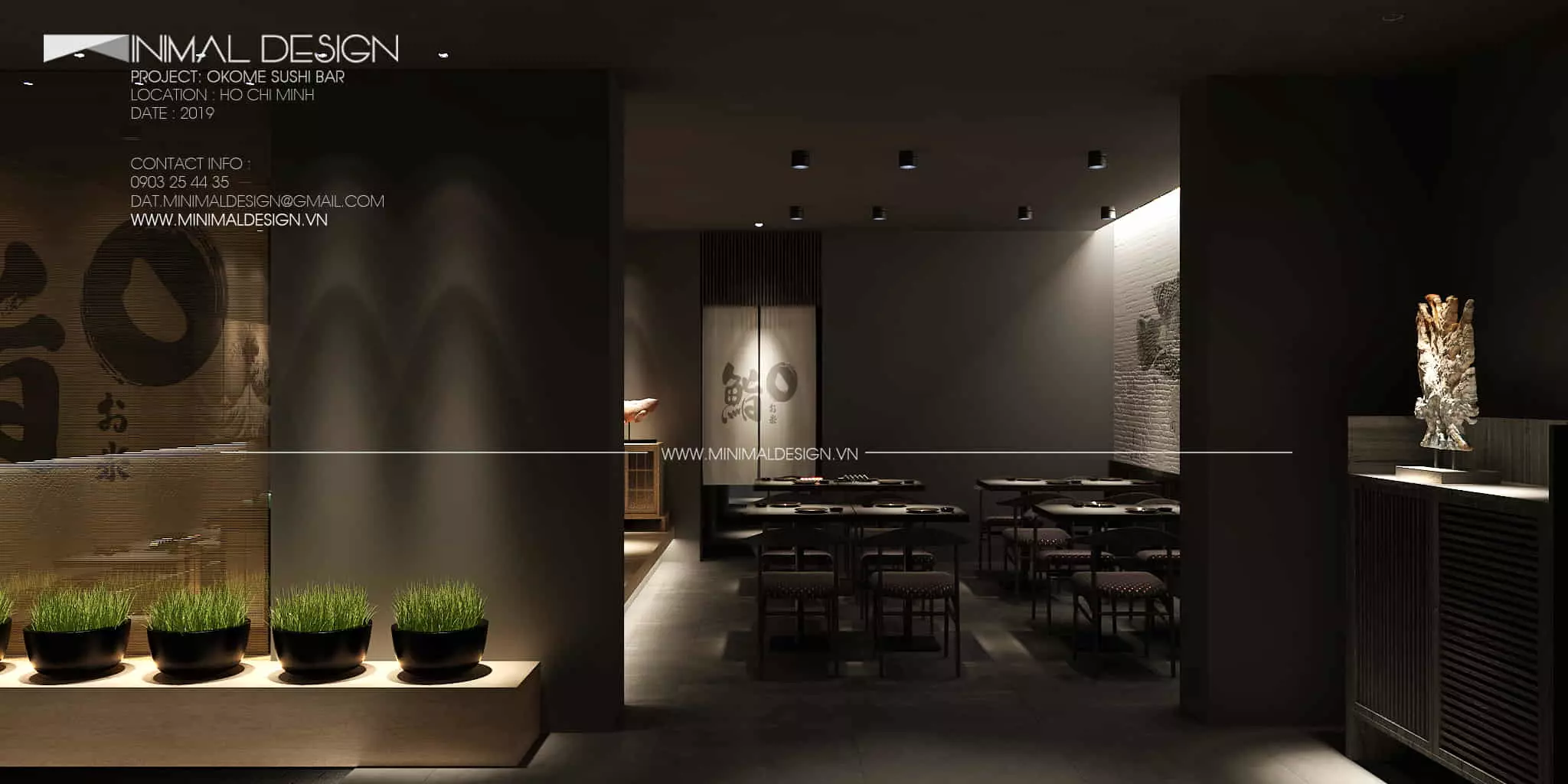 thiết kế nội thất nhà hàng Okome Sushi Bar dựa trên chủ đề đặt ra là gạo, nên những thiết kế nội thất đều lấy tone màu thiên nhiên của lúa non, đất và đá