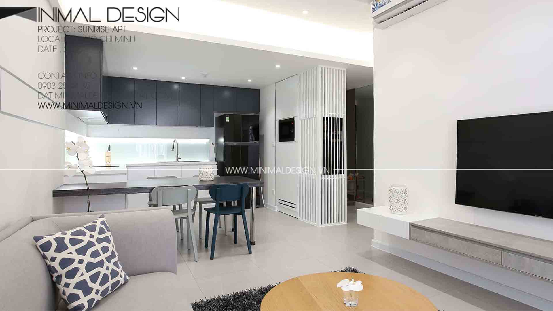 Thiết kế căn hộ Sunrise cho thuê với chi phí đầu tư hạn chế đã được Minimal Design biến hóa khi đưa sự tối giản vào trong thiết kế tạo nên sự hài hòa và thông thoáng