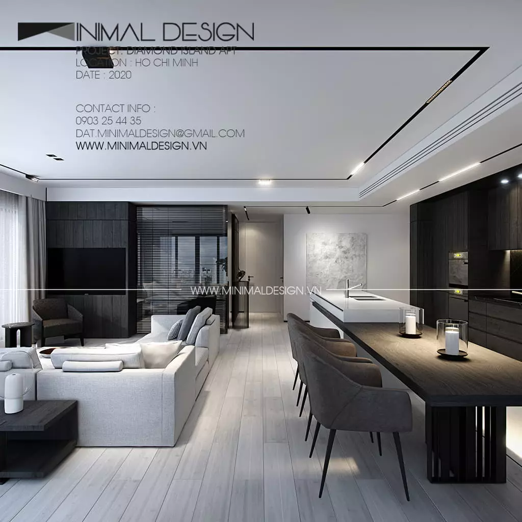 Thiết kế căn hộ Diamond Island được xem là một dự án "đặc biệt" của Minimal Design, một thiết kế thật sang trọng và hiện đại 2 màu trắng đen.