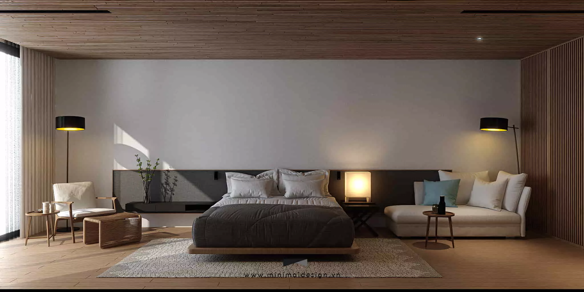 Phòng ngủ phong cách tối giản giúp tôn lên vẻ đẹp mộc mạc, chú trọng vào không gian tổng thể thay vì các chi tiết rườm rà.