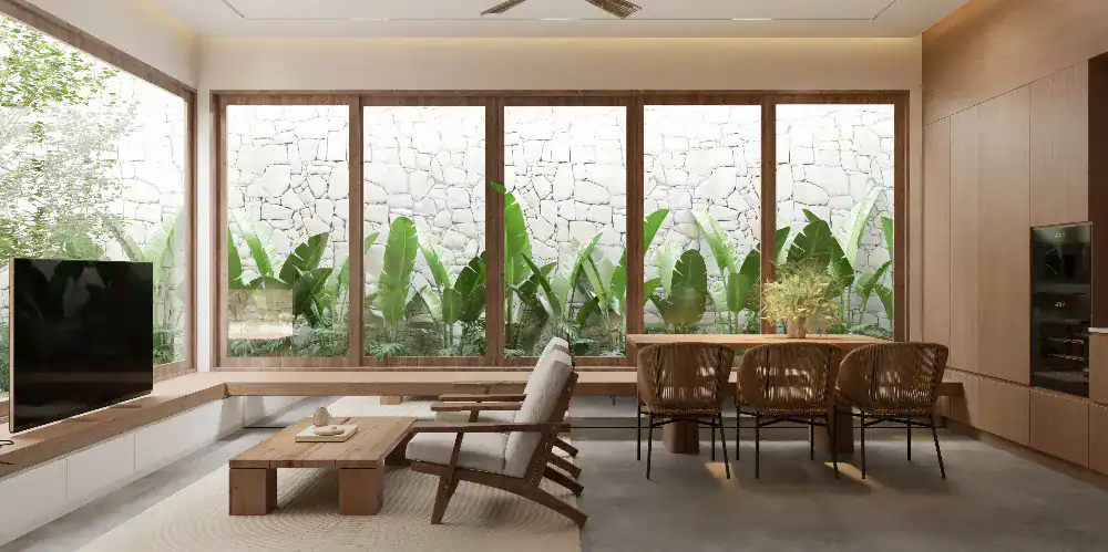 Vật liệu nội thất tối giản với gỗ đá vải và ánh sáng tự nhiên