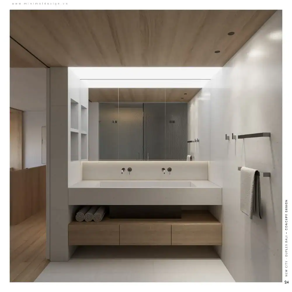 Thiết kế phòng tắm tối giản với gạch khổ lớn và tủ lavabo treo
