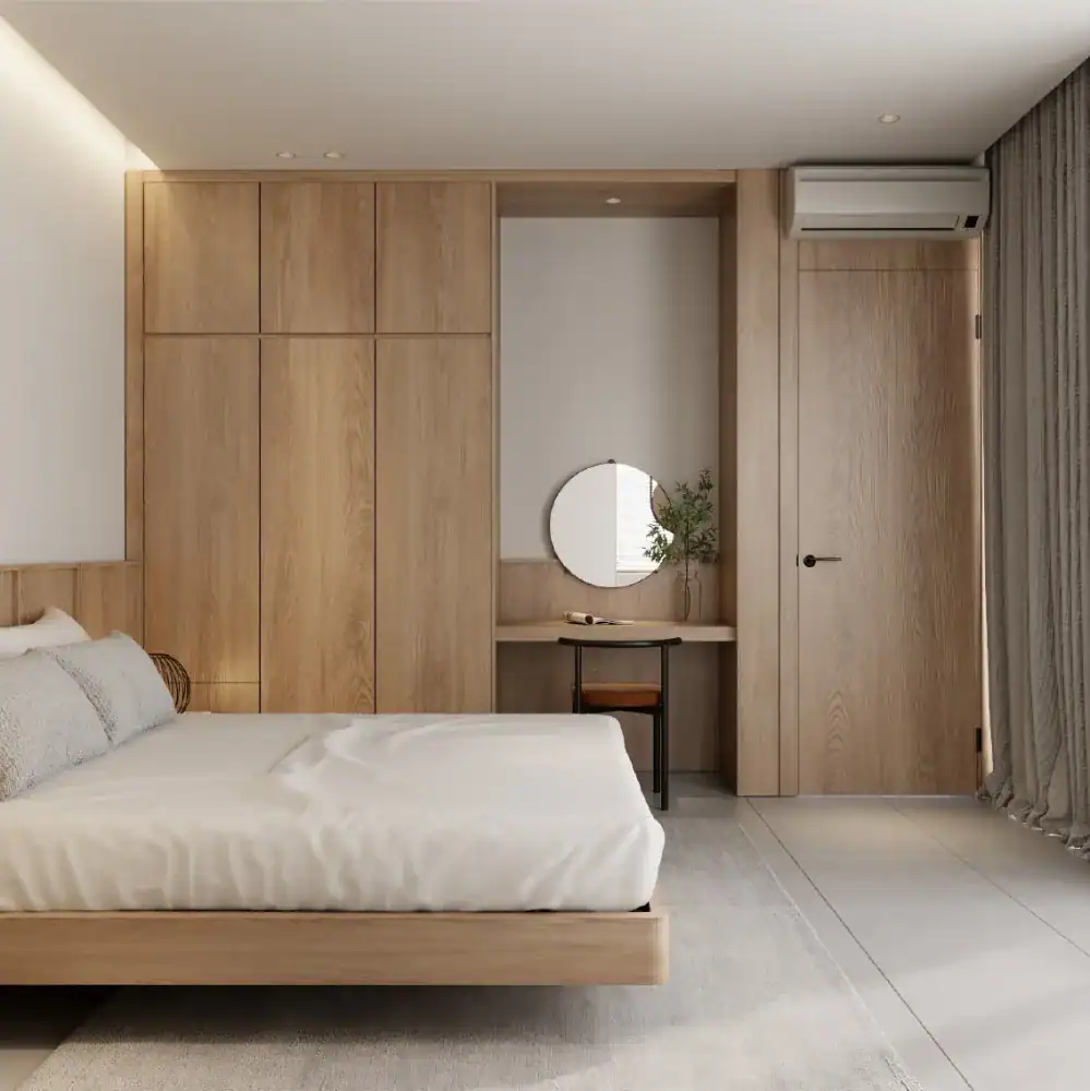 Mẫu nội thất tối giản ấm áp với ánh sáng dịu và vật liệu tự nhiên