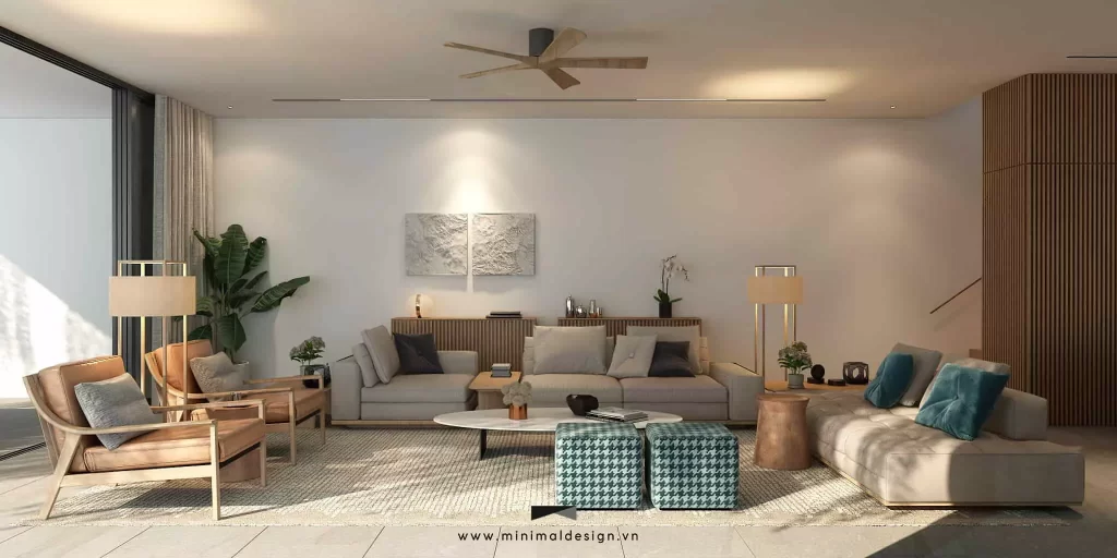 Thiết kế phòng khách tối giản với sofa gọn và ánh sáng ấm