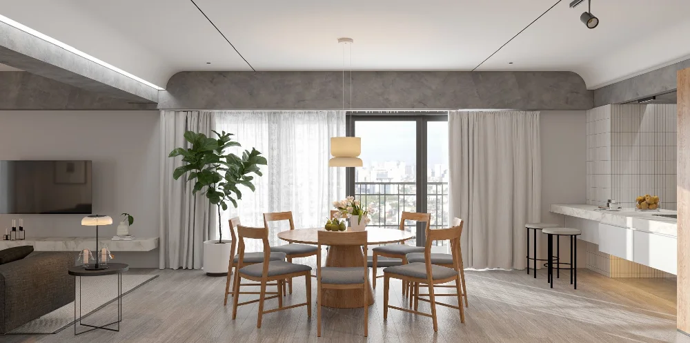 Phòng khách bếp bàn ăn liên thông căn hộ 80m2