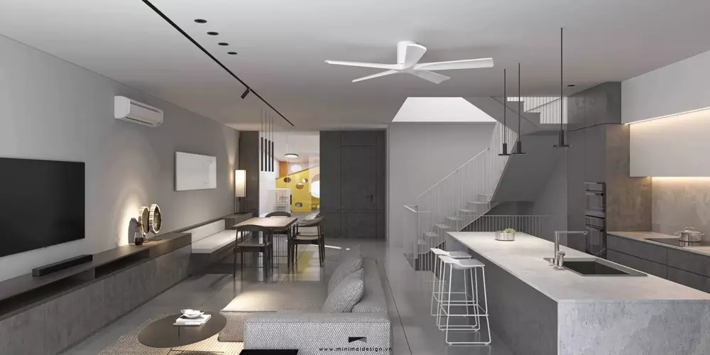thiết kế phòng khách liền bếp