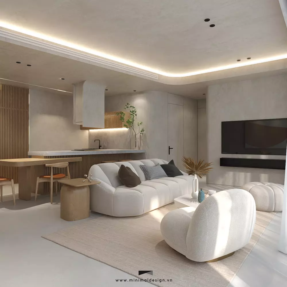 thiết kế phòng khách liền bếp