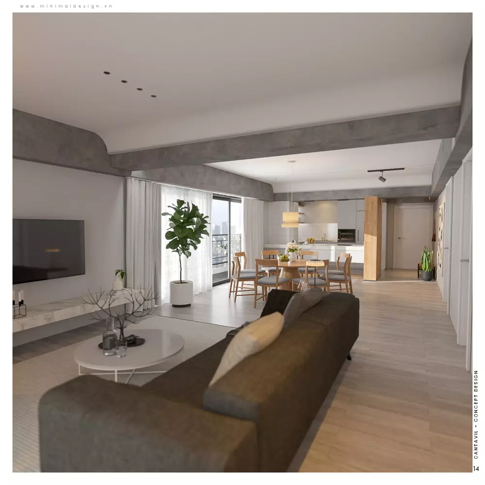 thiết kế phòng khách liền bếp