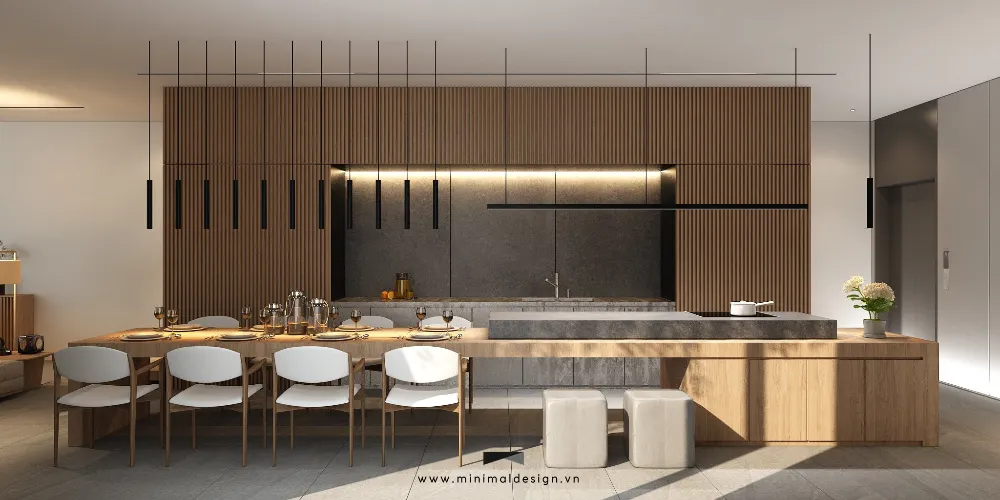 Thiết kế nội thất bếp biệt thự hiện đại với đảo bếp và bàn ăn dài