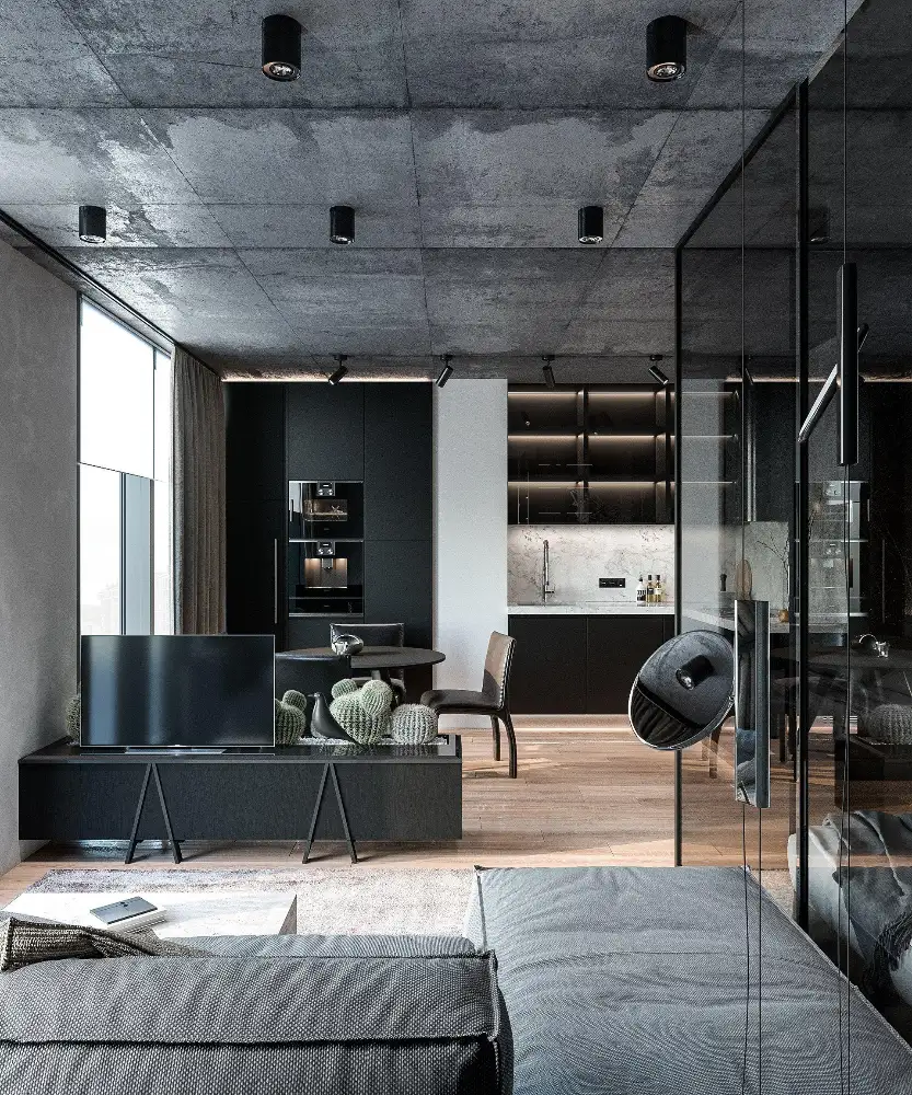 Phòng khách Industrial với sofa da và kệ tivi khung sắt