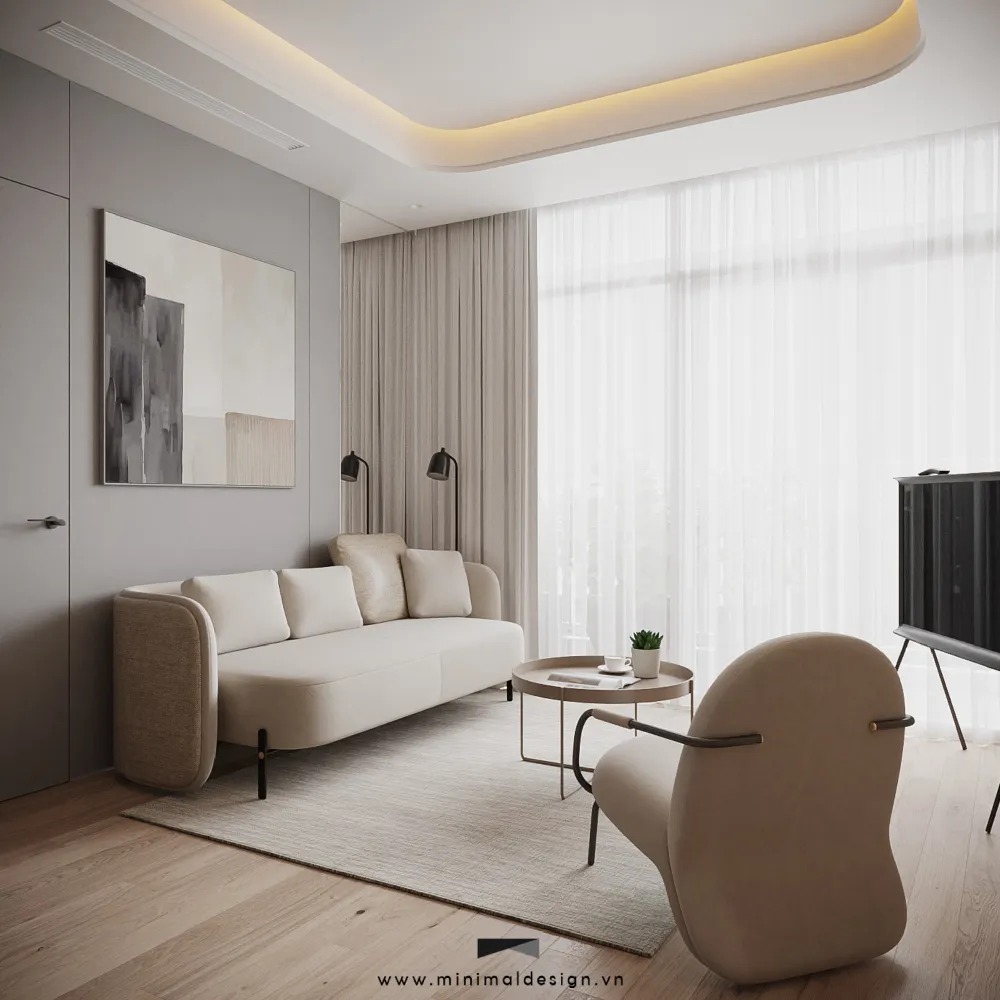 Nội thất tối giản hiện đại với màu sắc trung tính và vật liệu ấm áp