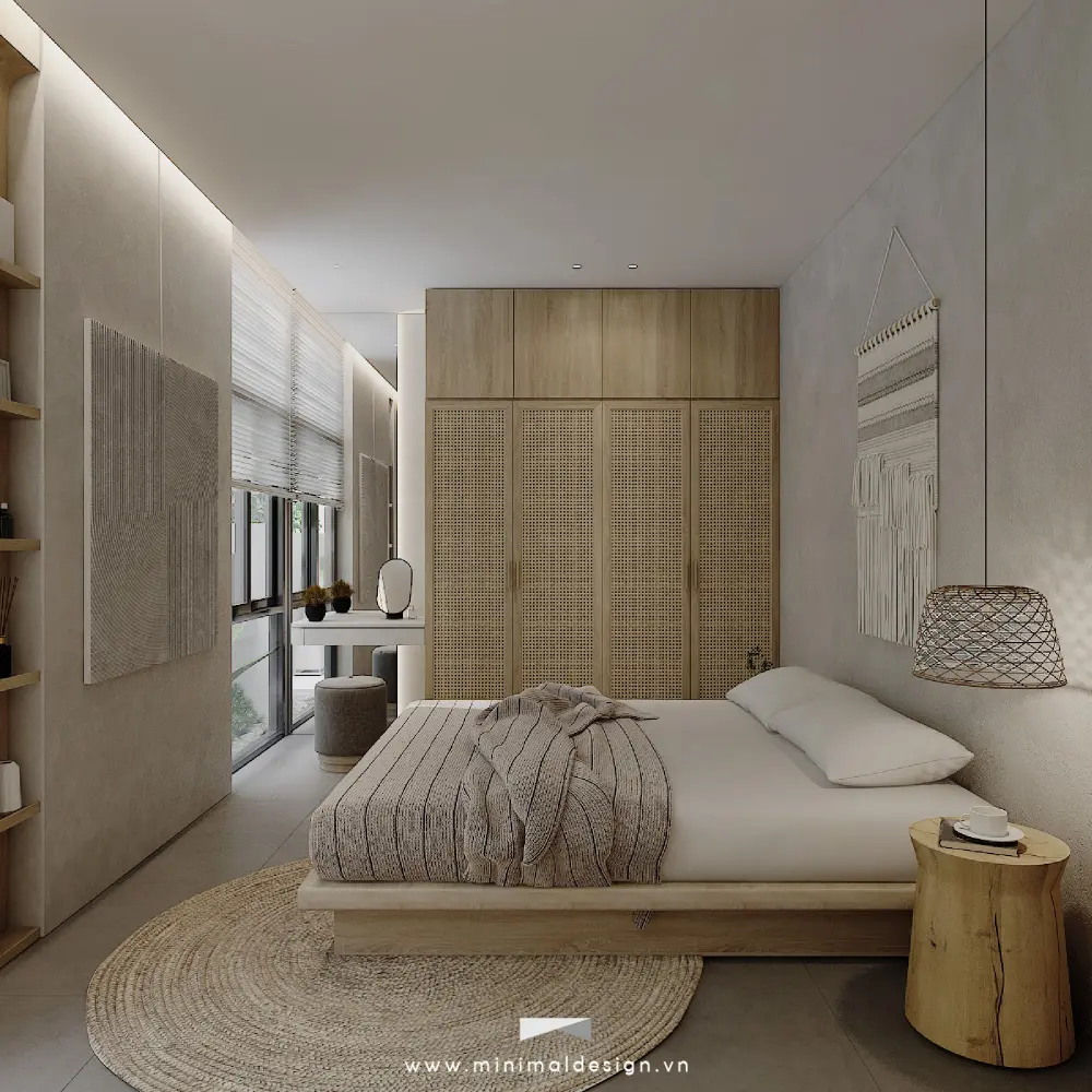 Phòng ngủ Wabi Sabi tối giản với bảng màu trung tính