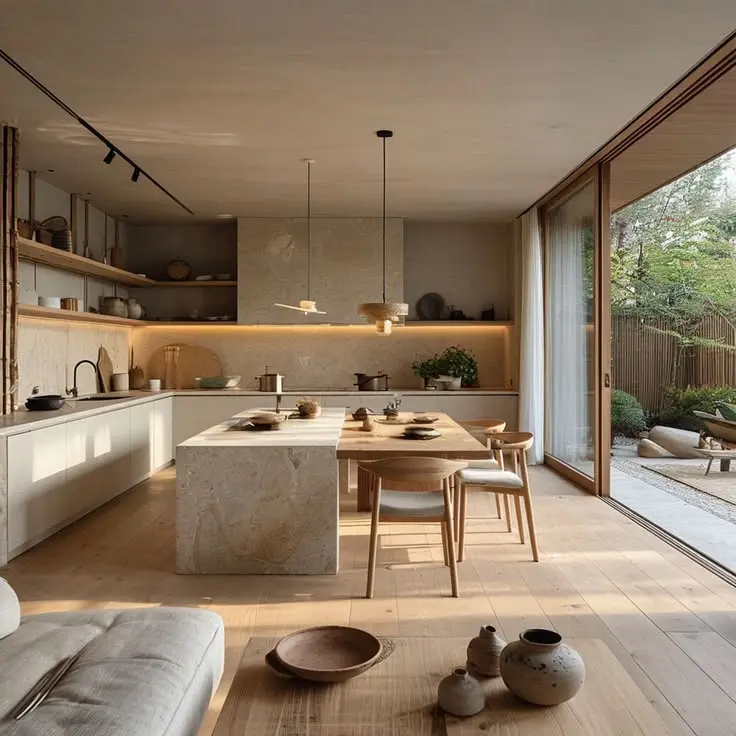 Bếp nhà phố Wabi Sabi với nội thất gỗ và ánh sáng ấm