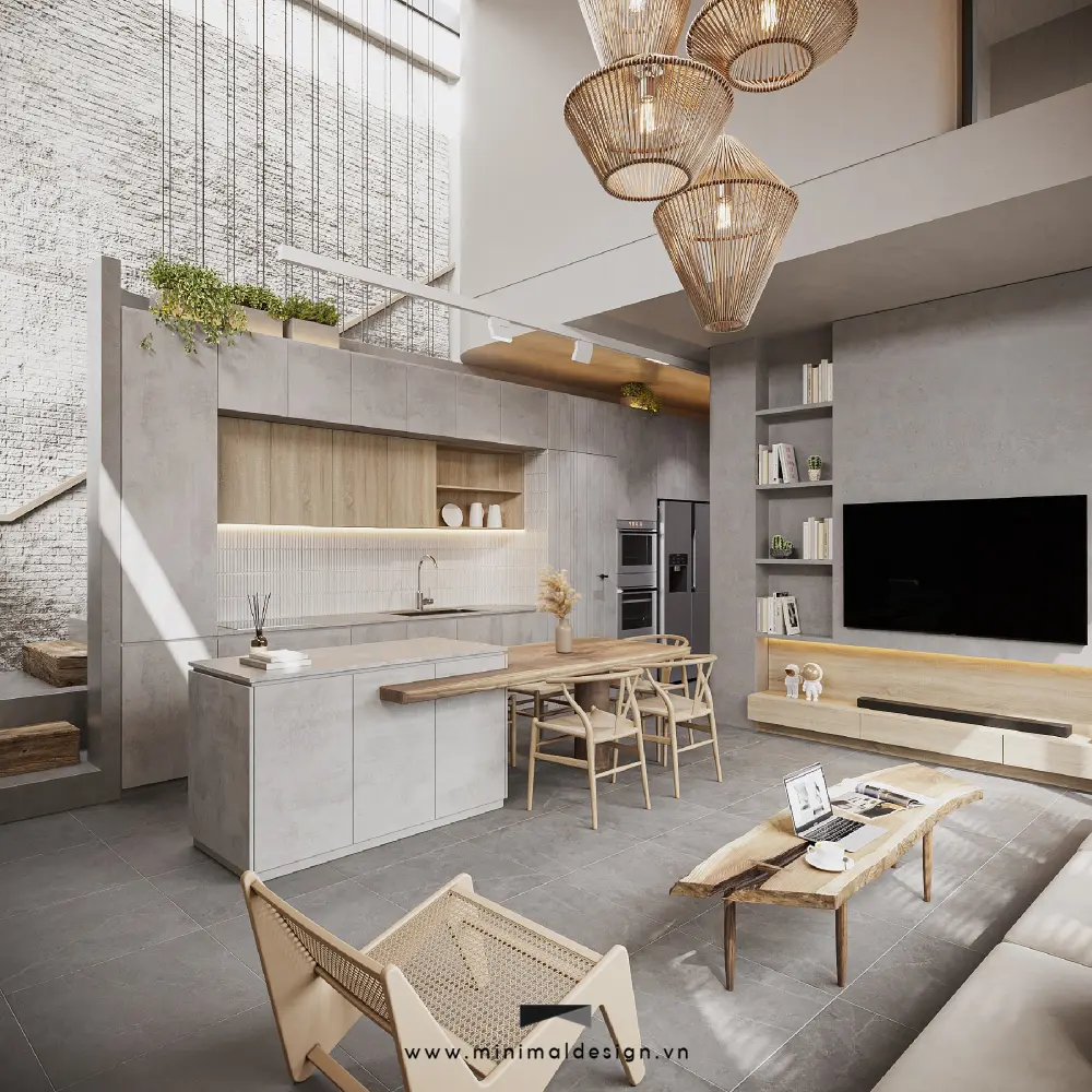 Góc xanh và cầu thang trong nhà phố tối giản Wabi Sabi