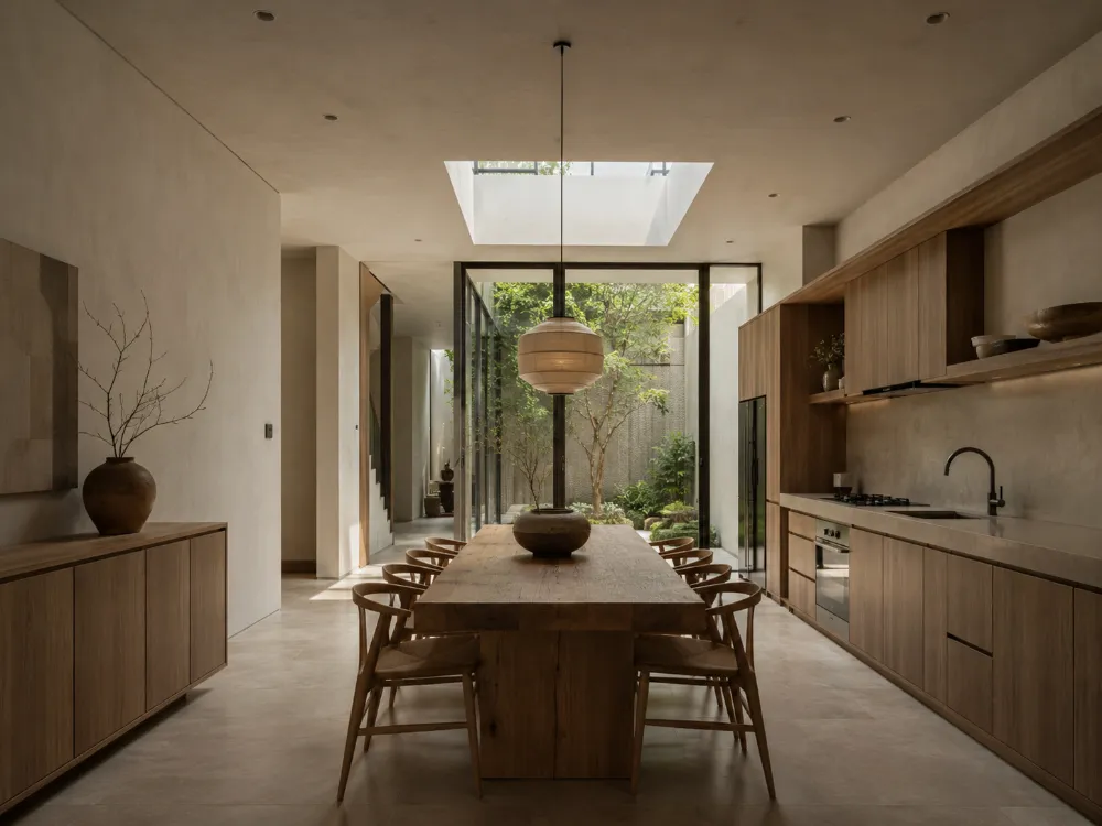 Khu bếp và bàn ăn trong mẫu nhà ống tối giản Wabi Sabi 5x20m