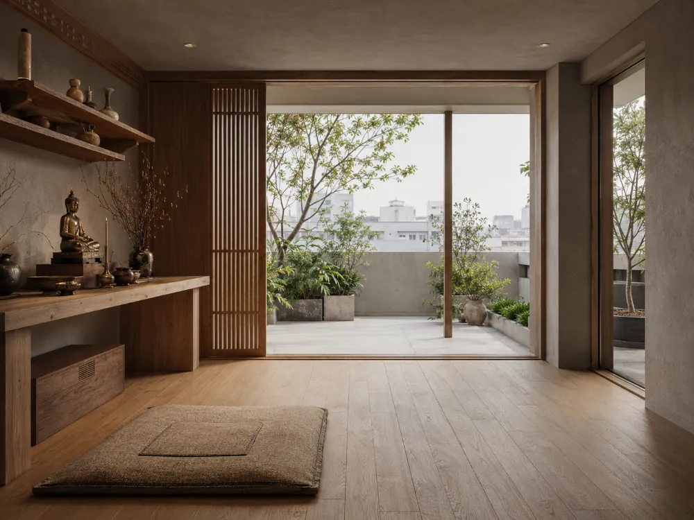 Phòng thờ tối giản trong mẫu nhà ống Wabi Sabi kết nối với sân thượng xanh
