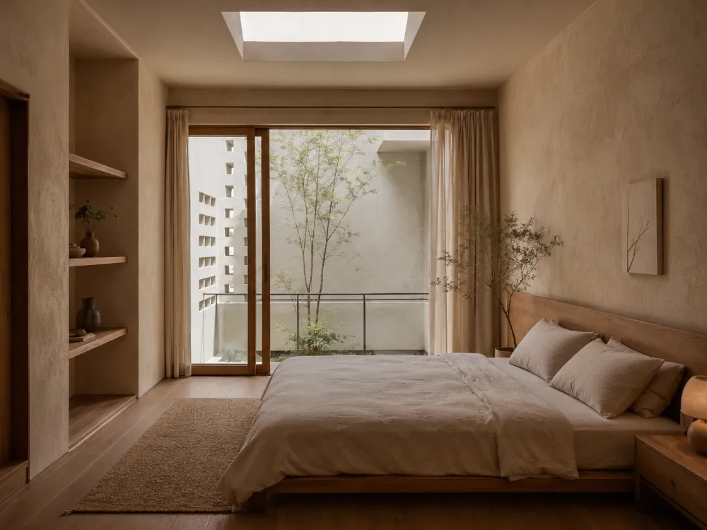 Phòng ngủ nhà ống tối giản Wabi Sabi với cửa kính lớn và ánh sáng tự nhiên