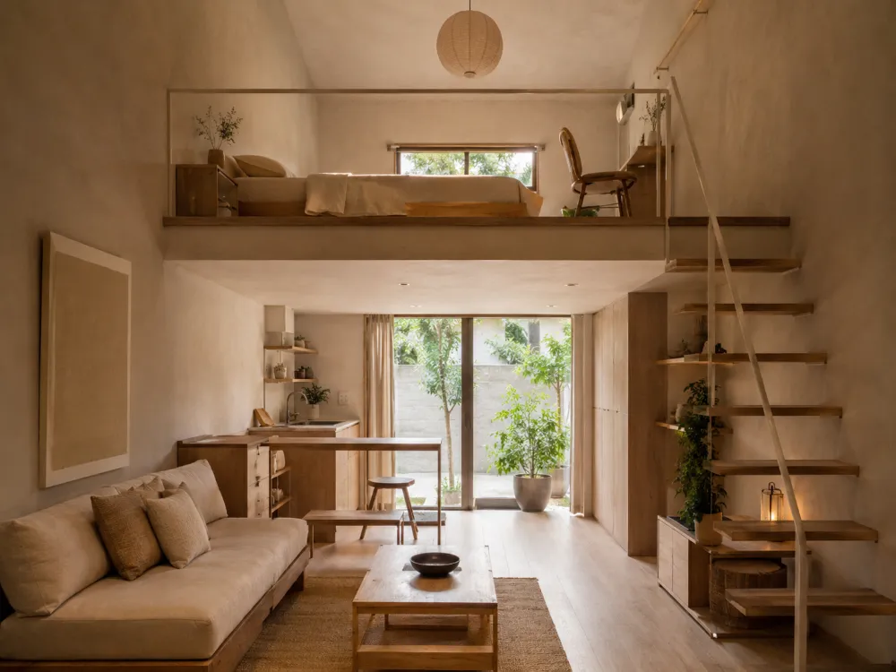 Gác lửng trong mẫu nhà ống tối giản Wabi Sabi diện tích nhỏ
