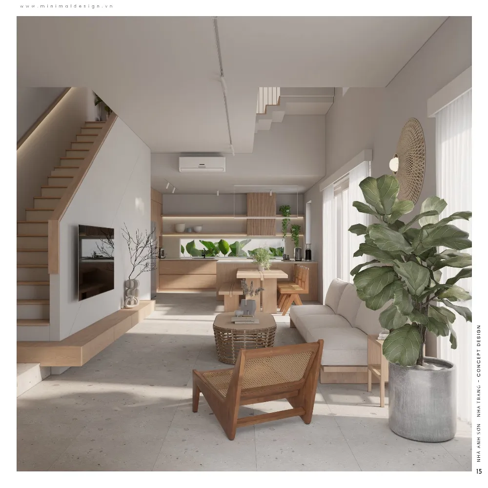 Mẫu nhà ống tối giản Wabi Sabi với giếng trời xanh và cầu thang mở