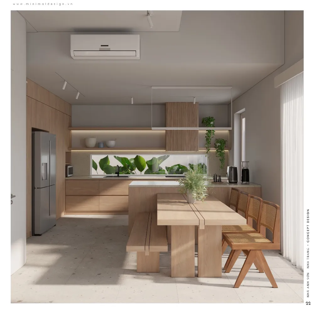 Nội thất nhà ống Wabi Sabi sử dụng gỗ mộc và ánh sáng tự nhiên