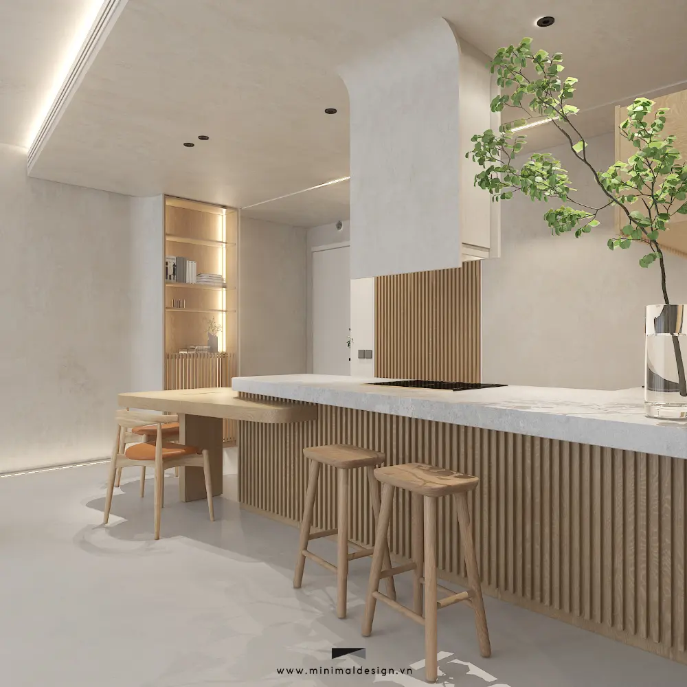 Không gian bếp nhà phố Wabi Sabi với gỗ sáng và bố cục tinh gọn
