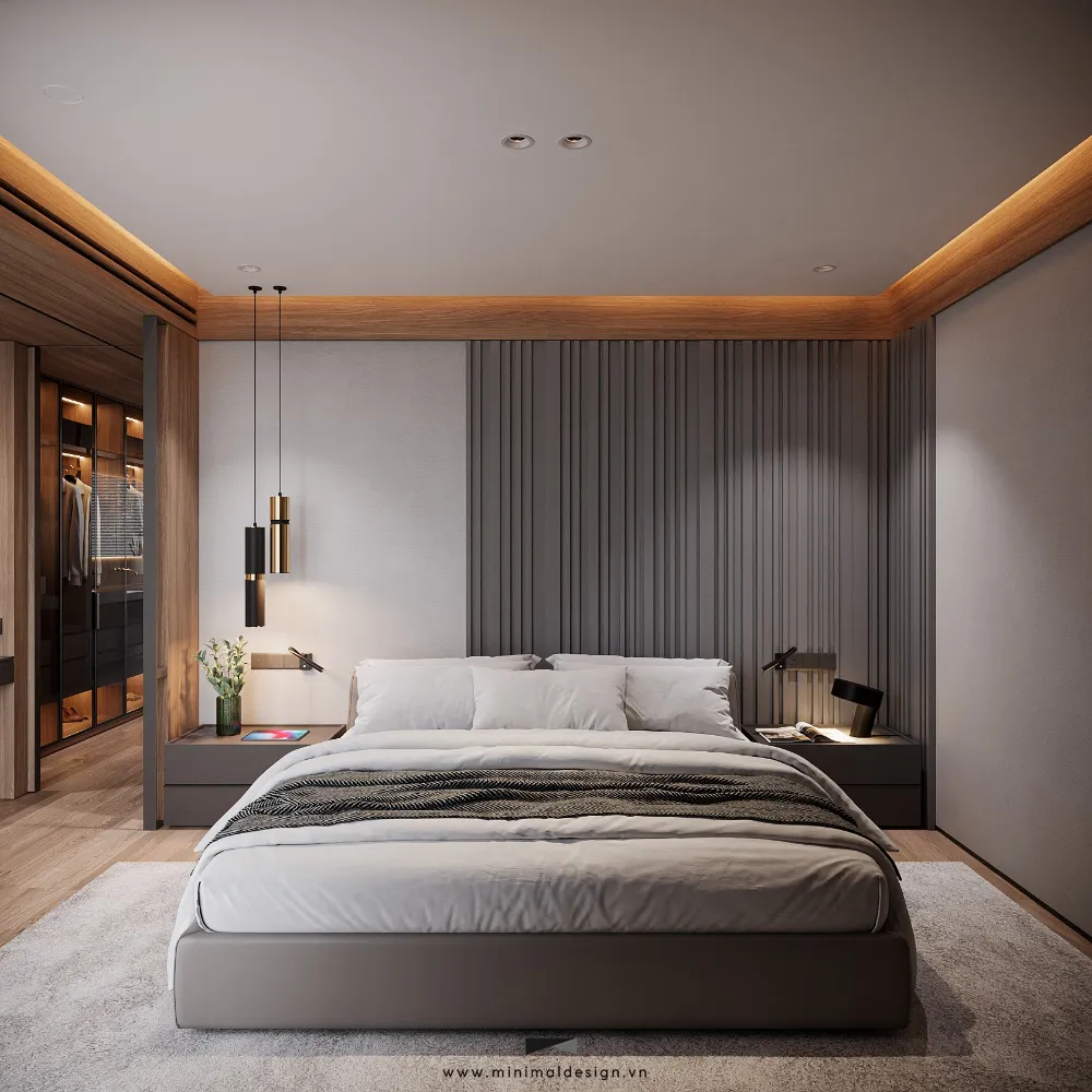 Phòng ngủ biệt thự hiện đại sang trọng với ánh sáng ấm và vách đầu giường tinh gọn