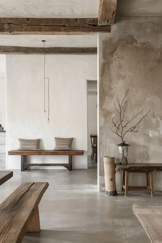 Vật liệu tự nhiên trong nhà ống Wabi Sabi tối giản