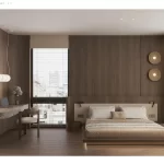 Thiết kế phòng ngủ tối giản với vách gỗ, giường thấp và ánh sáng ấm