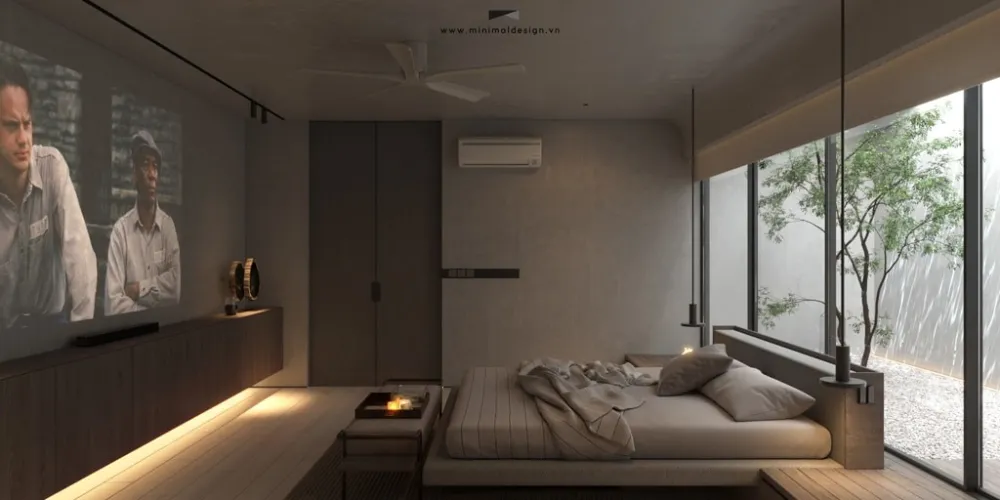 Phòng ngủ tối giản hiện đại với cửa kính lớn, sân vườn và ánh sáng dịu