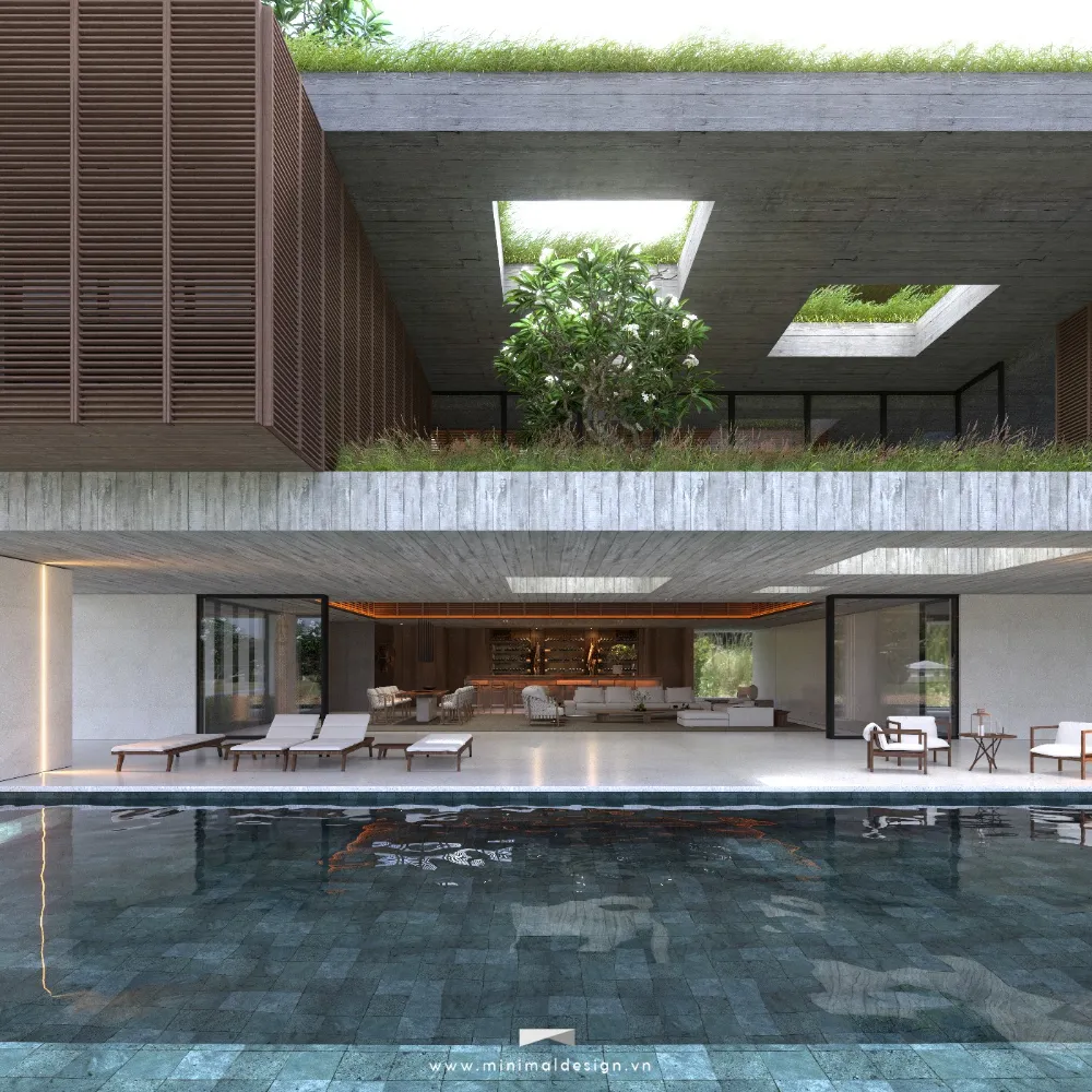 Thiết kế villa tối giản xanh với mái xanh, giếng trời và hồ bơi ngoài trời