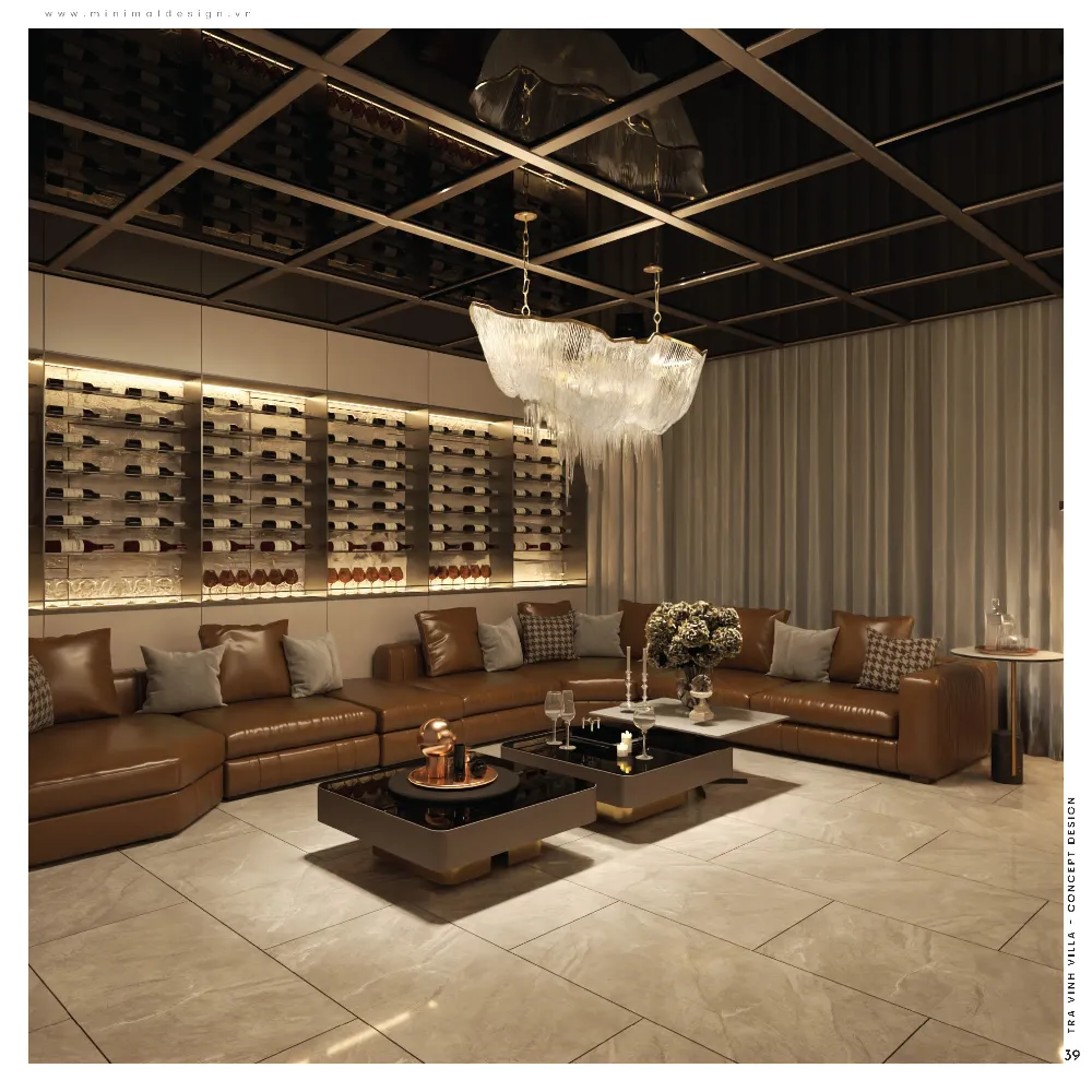 Phòng lounge villa hiện đại với ánh sáng ấm, sofa da và hệ trang trí tối giản