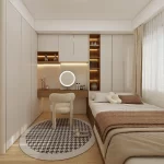 Bàn trang điểm gắn tường rộng khoảng 1m gộp vào hệ tủ trong phòng ngủ master nhỏ
