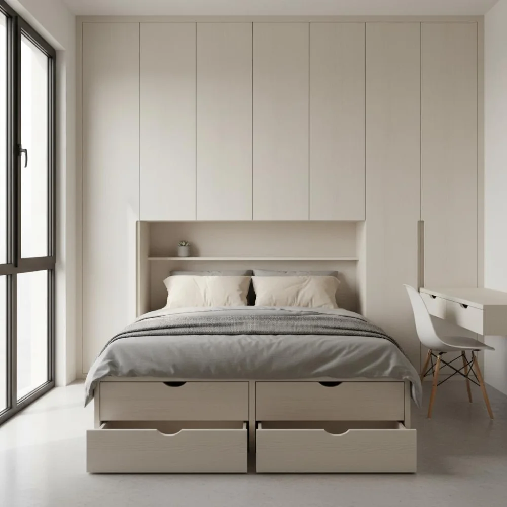 Giường ngăn kéo và tủ sát trần bao quanh đầu giường giúp phòng ngủ master nhỏ có thêm chỗ chứa
