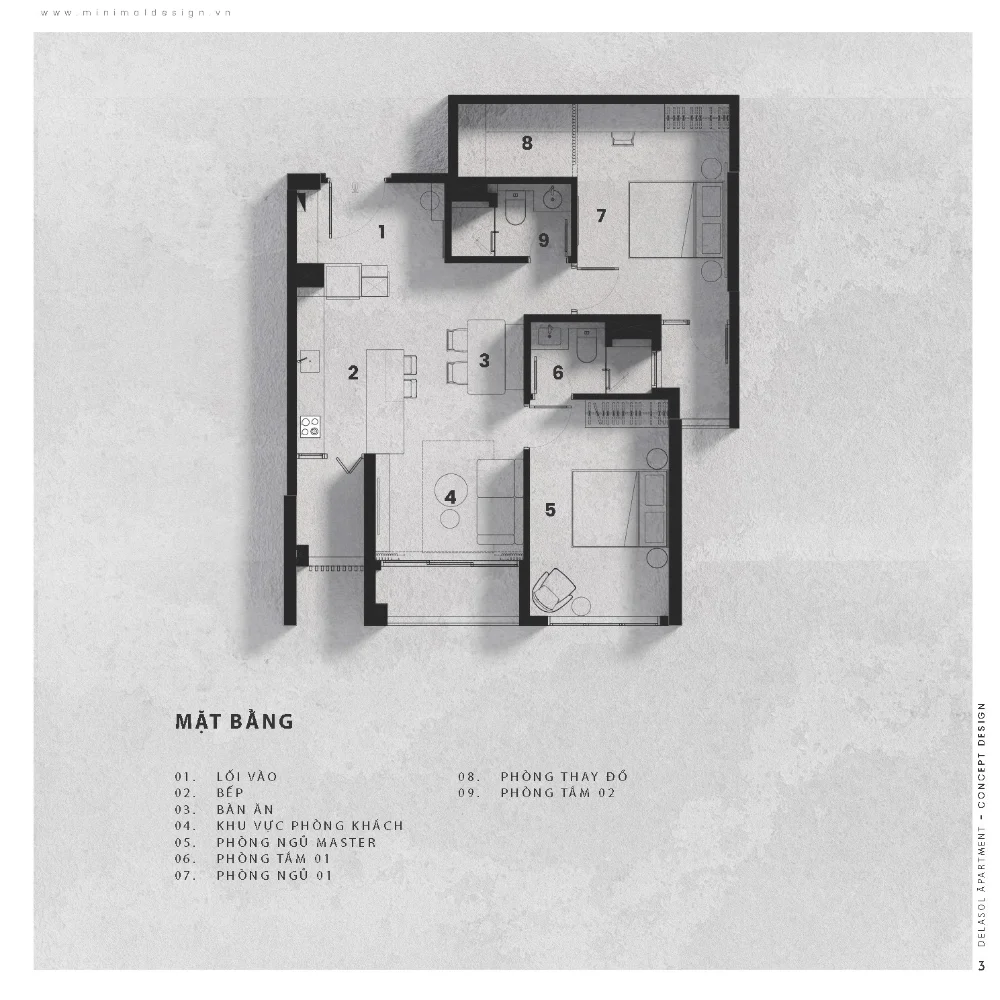 Mặt bằng căn hộ hai phòng ngủ có phòng thay đồ, hai phòng tắm, bếp và khu ăn liền phòng khách