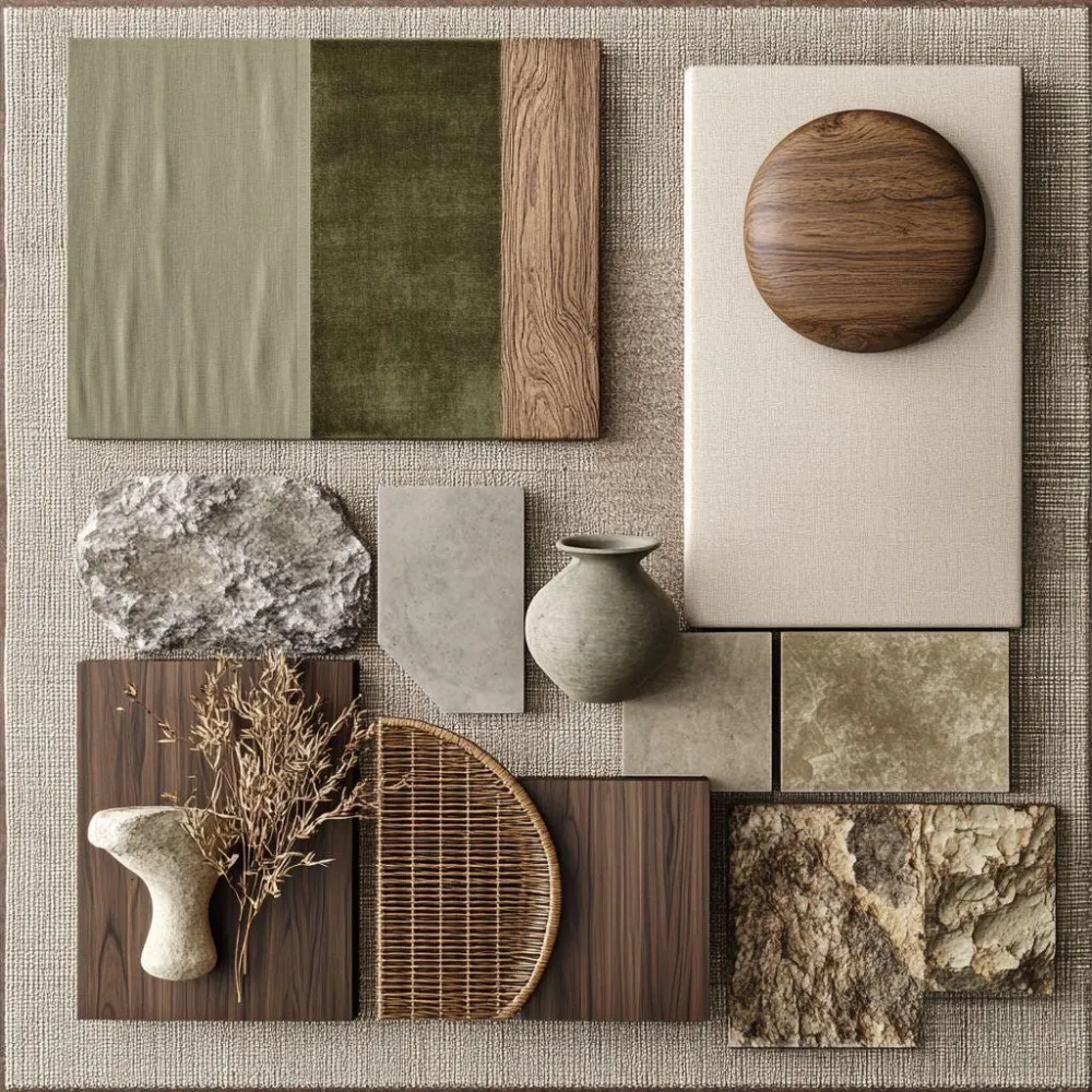 Moodboard vật liệu nội thất với gỗ óc chó, đá tự nhiên, vải xanh rêu, mây đan và gốm tông đất
