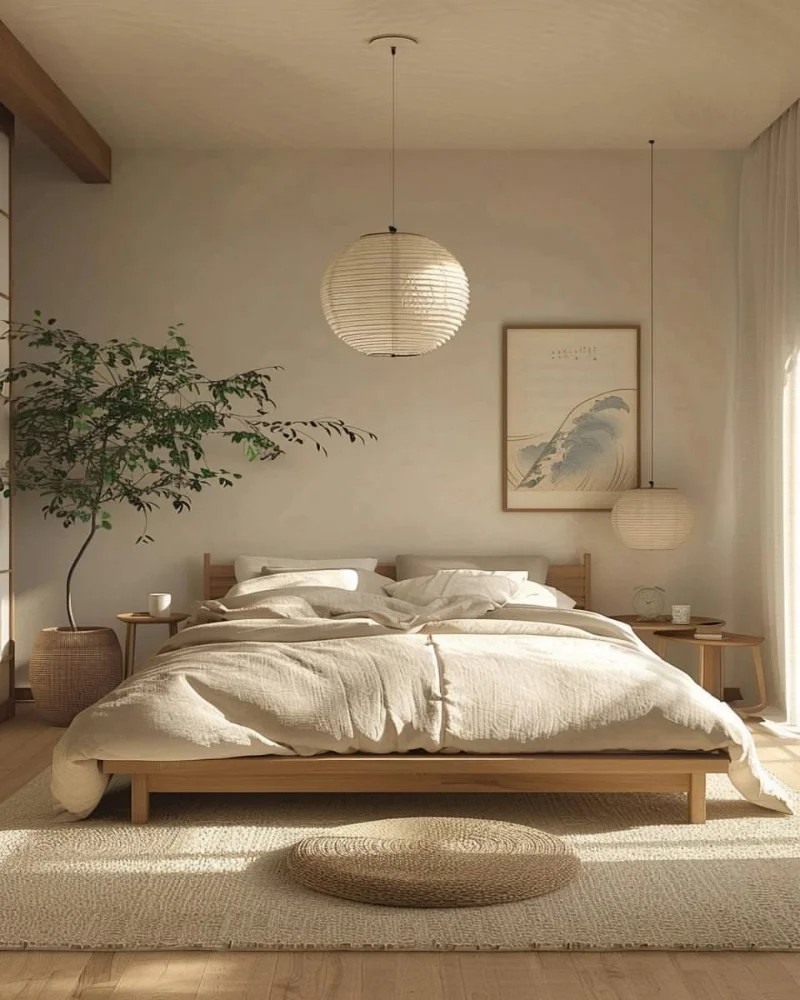 Giường thấp kiểu Nhật có chân nhỏ nâng khỏi sàn, kết hợp thảm cói và đèn lồng tròn trong phòng ngủ