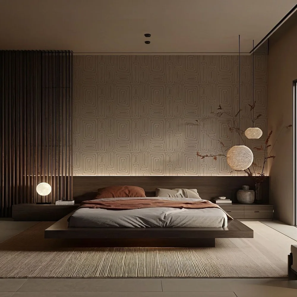 Phòng ngủ kết hợp phong cách Nhật và tối giản hiện đại với giường bệt gỗ tối và đèn hắt đầu giường