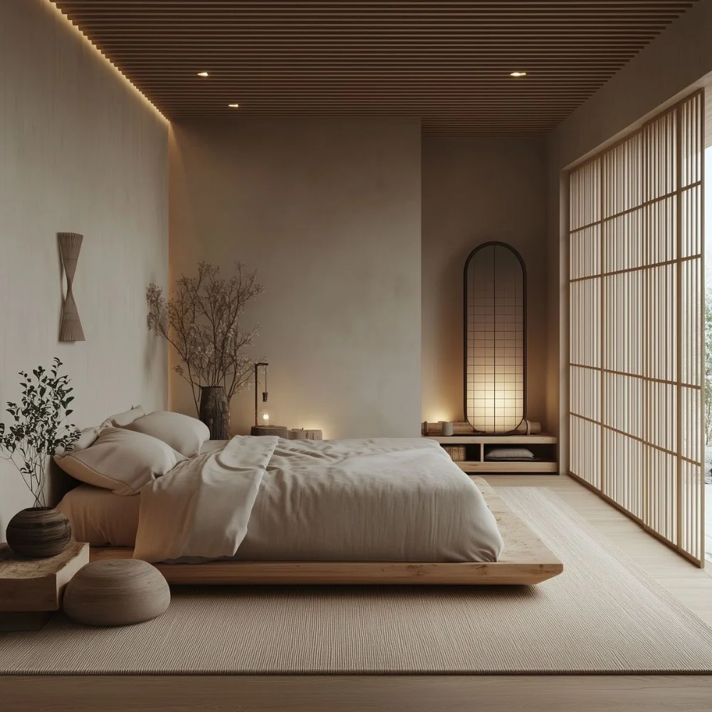 Phòng ngủ kiểu Nhật với giường bệt, cửa lùa nan gỗ và kệ âm tường gọn gàng