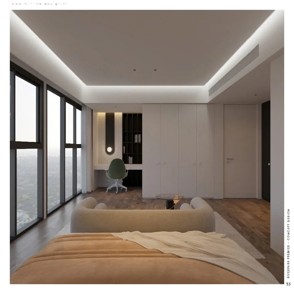 Phòng ngủ master rộng có giường, sofa, bàn làm việc và tủ âm tường cùng tồn tại