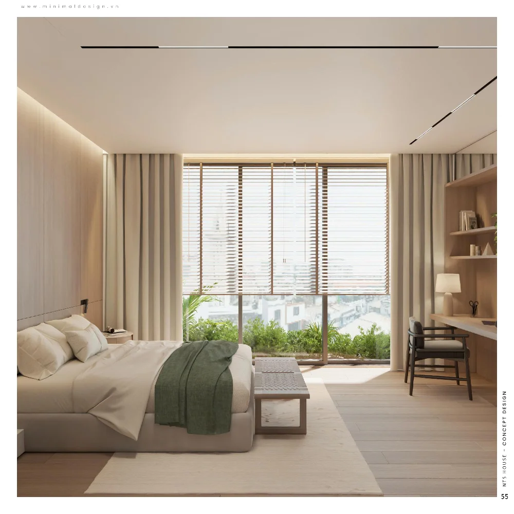 Thiết kế phòng ngủ với giường đôi, bàn làm việc cạnh cửa sổ và ánh sáng tự nhiên.