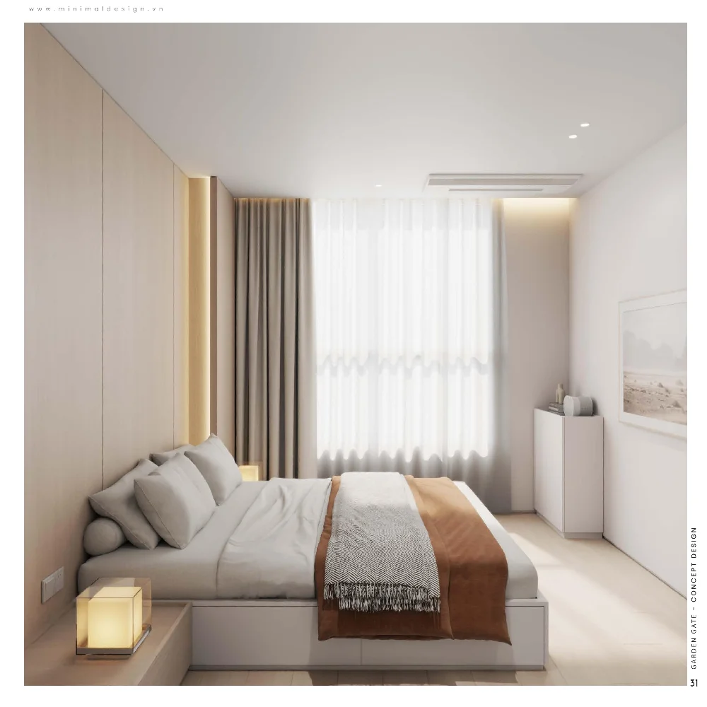 Thiết kế nội thất phòng ngủ căn hộ với giường đôi, vách đầu giường gỗ và hệ rèm cửa hai lớp.