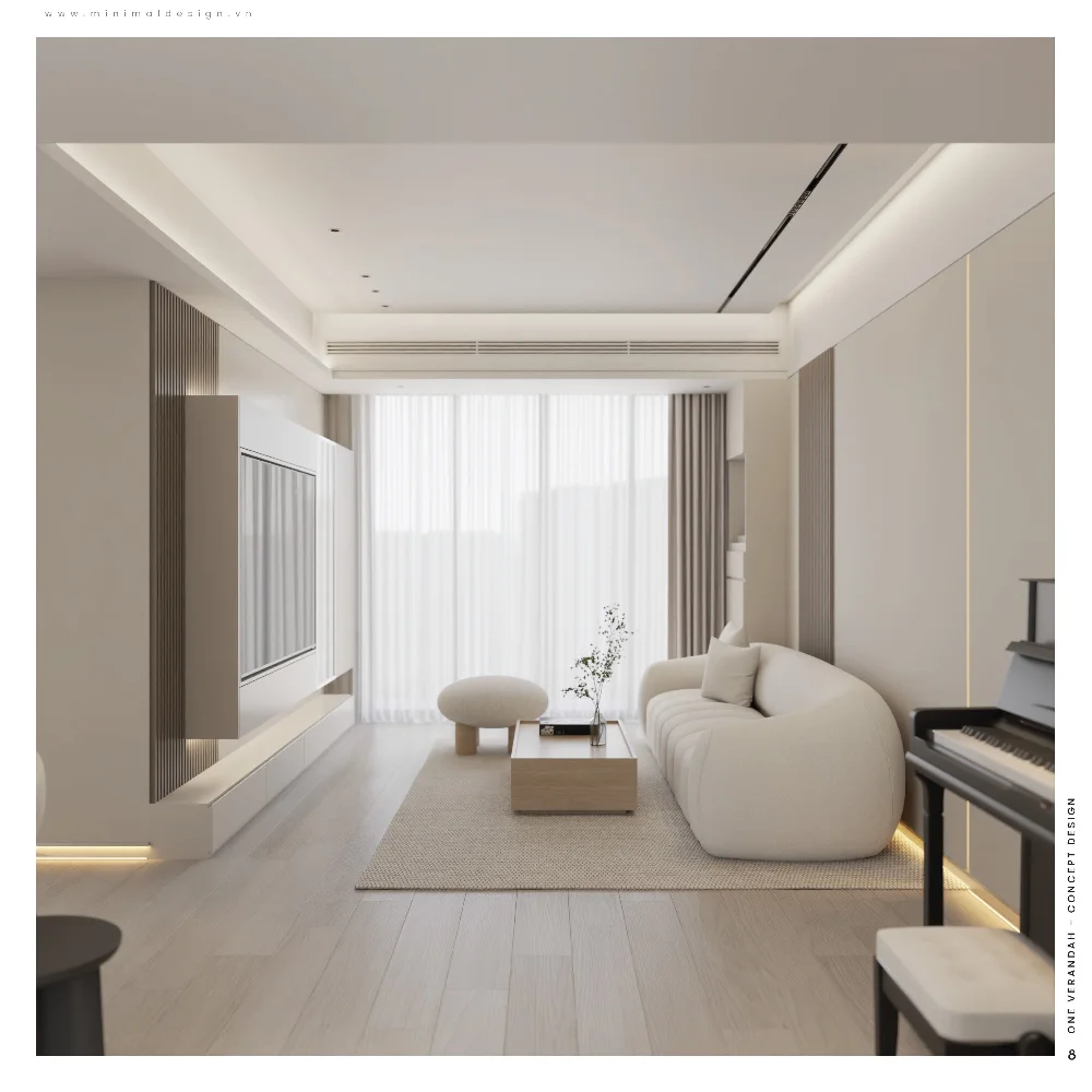 Thiết kế phòng khách căn hộ với sofa cong màu kem, hệ tủ TV và ánh sáng tự nhiên qua rèm cửa.